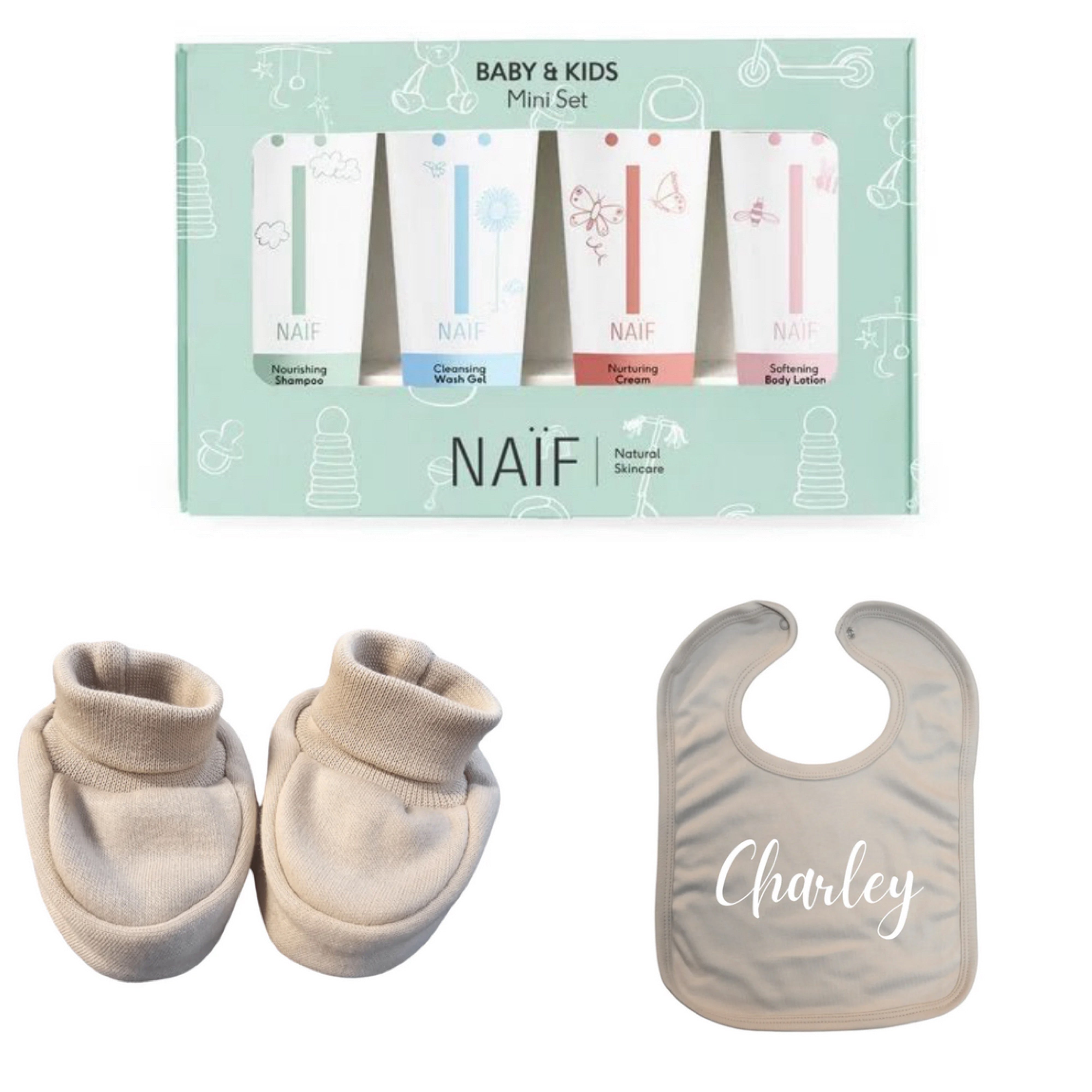 Baby's Favourite | Newbornset | Slabbetje met naam, bijpassende Slofjes en Naïf mini setje | Dessert Dust