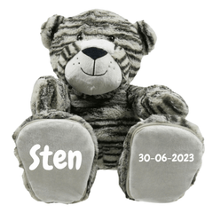 Babysfavourite.nl | Geboorteknuffel Tijger (grijs) - Naam + Datum