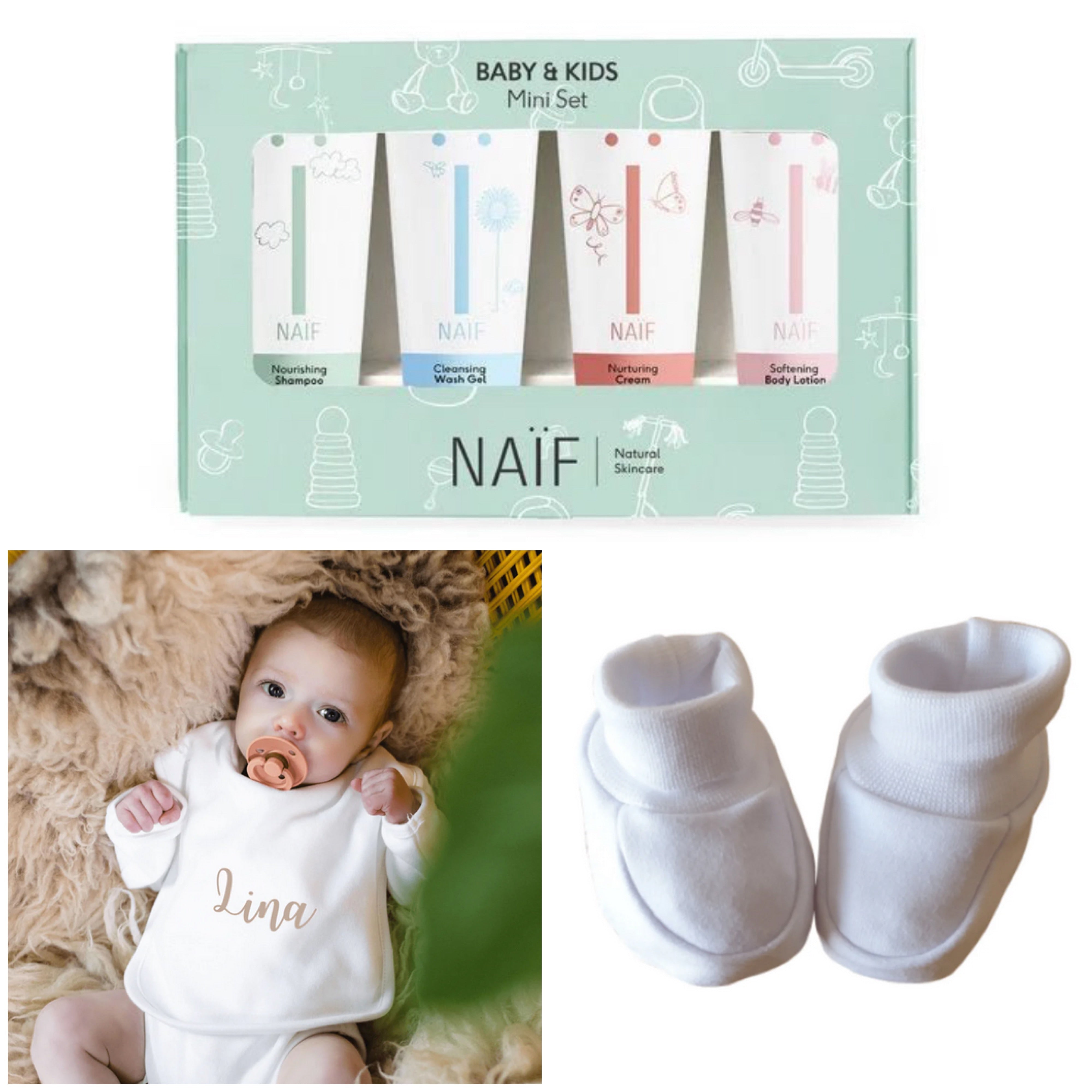 Baby's Favourite | Newbornset | Slabbetje met naam, bijpassende Slofjes en Naïf mini setje | White