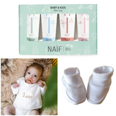 Baby's Favourite | Newbornset | Slabbetje met naam, bijpassende Slofjes en Naïf mini setje | White