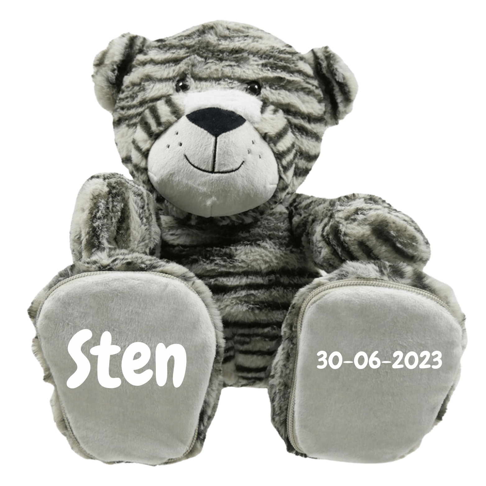 Babysfavourite.nl | Geboorteknuffel Tijger (grijs) - Naam + Datum