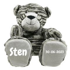 Babysfavourite.nl | Geboorteknuffel Tijger (grijs) - Naam + Datum